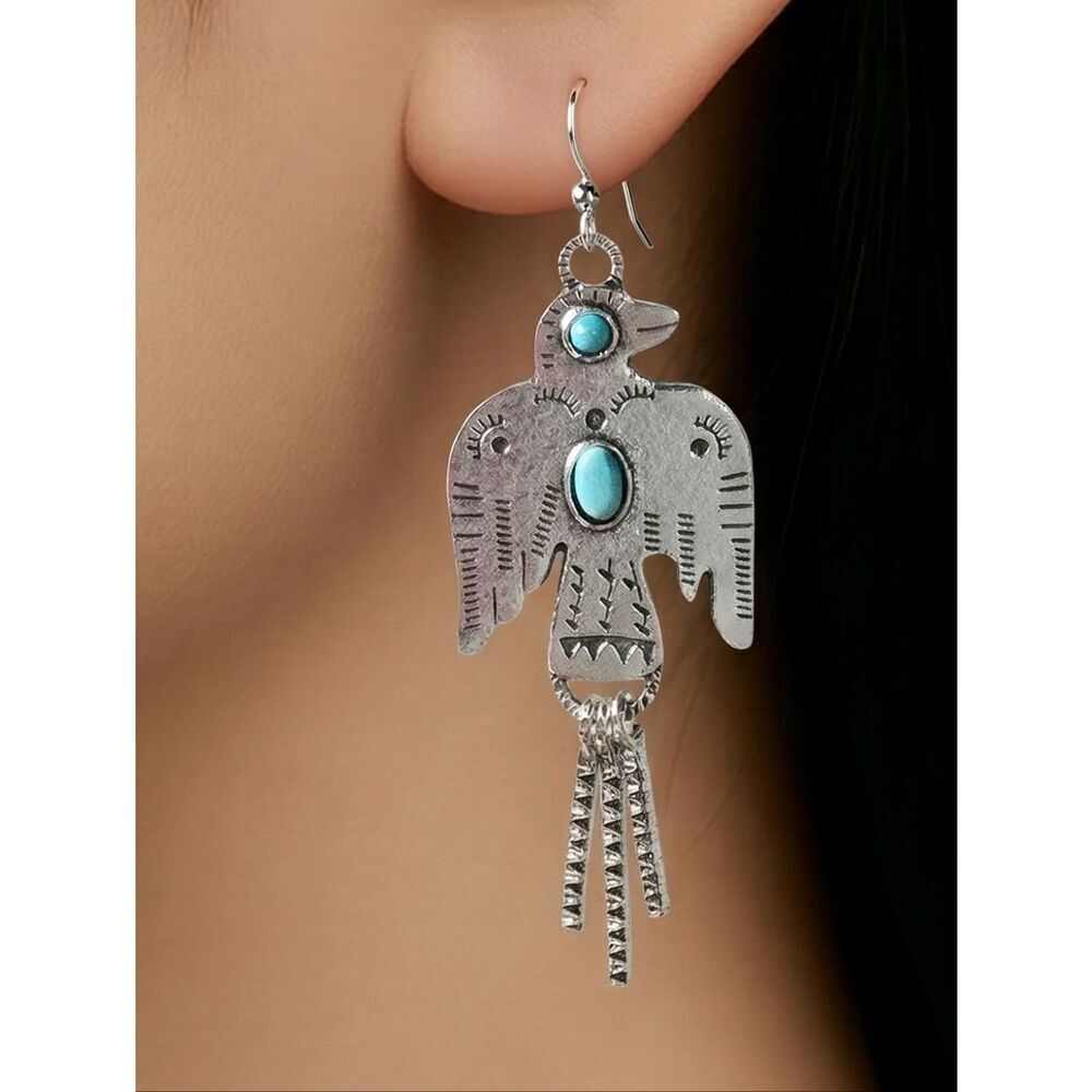 Thunderbird Eagle Turquoise Earrings Western Boho Feather Dangle Silver Tribal